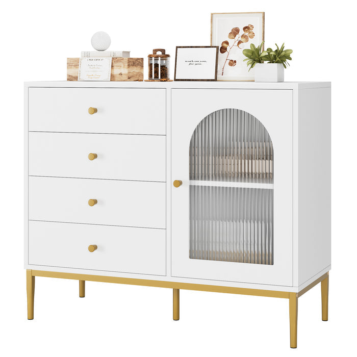 Homfa 4 Drawer Storage Cabinet, Modern Wooden Cupboard with Frosted Glass for Living Room, White Finish