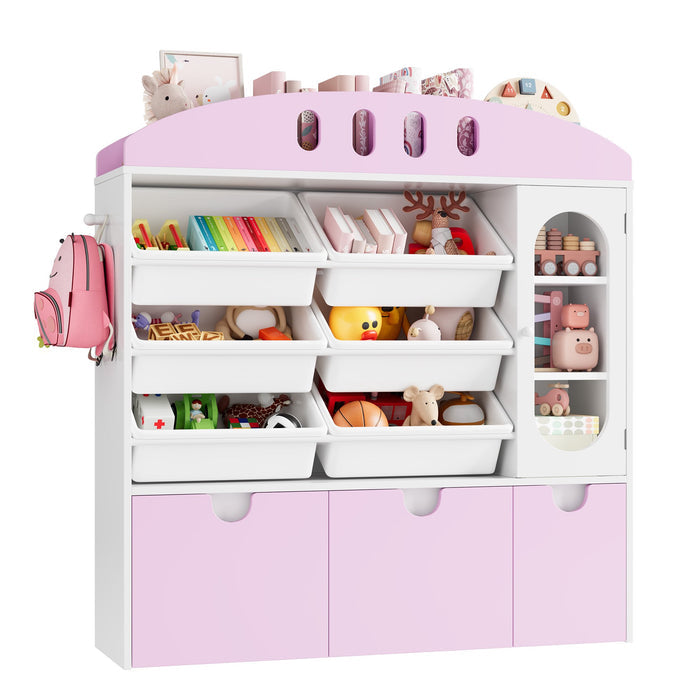 Homfa 4-in-1 Kids Toy Storage Cabinet Bookshelf with 3 Drawers, Sturdy Toy Organizer for Kids Room, White&Pink