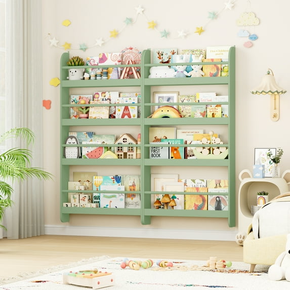 Homfa 4-Tier Wall Bookshelf Set of 2, 43.7"H Wall-Mounted Bookshelf, Book Storage Rack for Living Room, Gray