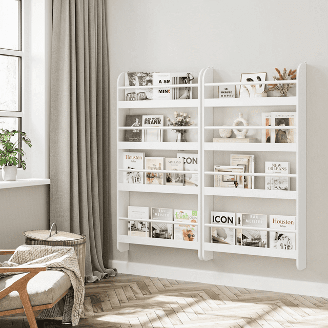 Homfa 4-Tier Wall Bookshelf Set of 2, 44.5"H Wall Mounted Kids Bookshelf, Book Storage Rack for Kids Room, Nursery, White