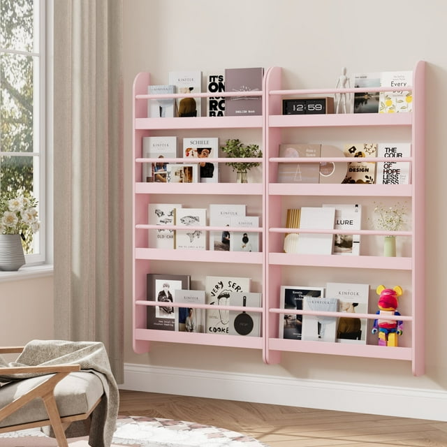Homfa 4-Tier Wall Bookshelf Set of 2, 44.5"H Wall Mounted Kids Bookshelf, Book Storage Rack for Kids Room, Nursery, Pink