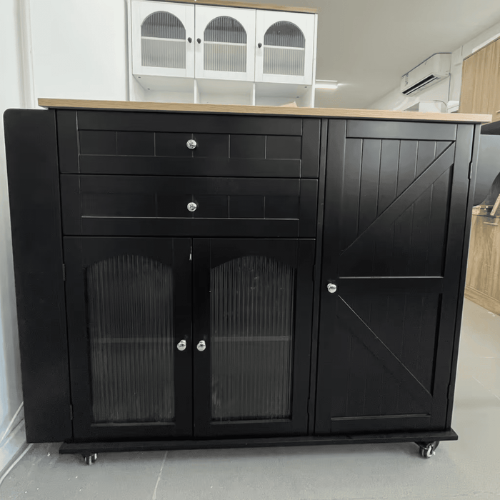 Homfa 43.3" Portable Kitchen Island Cart with Drop Leaf, 3-Doors 2-Drawers Wood Rolling Storage Cart with Spice Rack and Lockable Wheels, Black