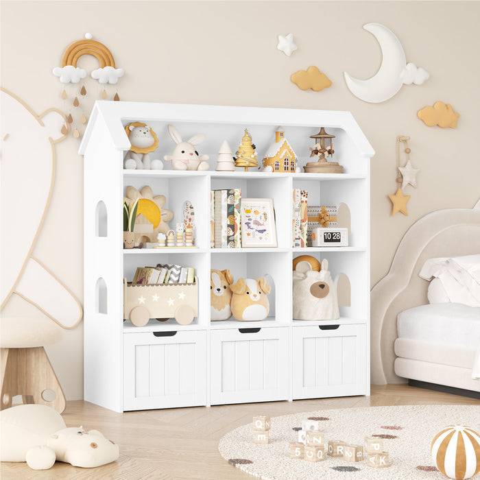Homfa 46.3”H Kids Storage Organizer with 3 Removable Drawers, 6 Cube Toddlers Bookcase with Roof-Shaped Top for Playroom Nursery School, White