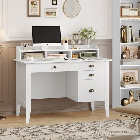 Homfa 47.2 Inch White Computer Desk with Drawers & Cabinet, Home Office Desk with Cable Management, Study Writing Desk for Bedroom Living Room