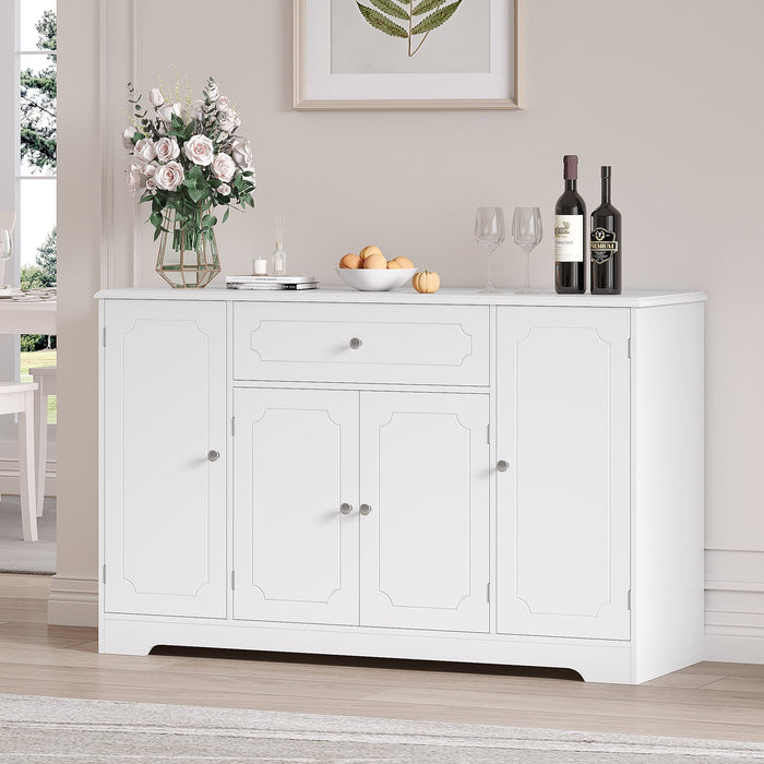 Homfa 47.2" Wood Sideboard with Drawer, 4 Door Buffet Storage Cabinet with Adjustable Shelves for Kitchen Dining Room, White