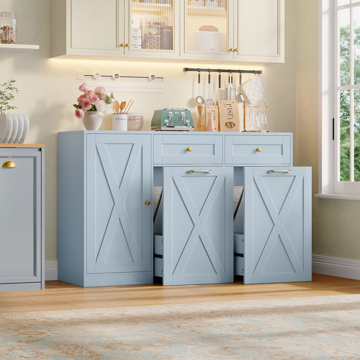 Homfa 47.2"W Kitchen Sideboard Credenza, Trash Can Cabinets Fits 12.5 Gallon Can, 2 Drawer Wood Buffet Storage Cabinet with Adjustable Shelf, Blue