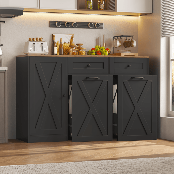 Homfa 47.2W Kitchen Sideboard Credenza, Trash Can Cabinets Fits 13 Gallon Can, 2 Drawer Wood Buffet Storage Cabinet with Adjustable Shelf, Black