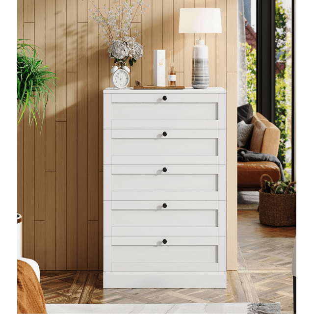 Homfa 5 Drawer White Bedroom Dresser, Modern Vertical Dresser Drawers Wood Organizer for Living Room Entryway Small Spaces
