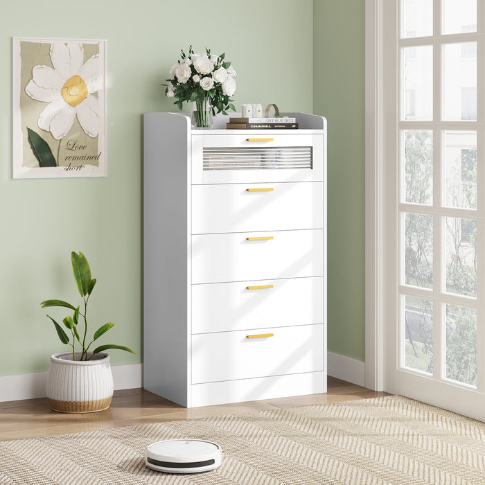 Homfa 5 Drawer White Dresser for Bedroom, 45.1"H Modern Baffle Dresser with Glass Panel Wood Storage Cabinet for Living Room