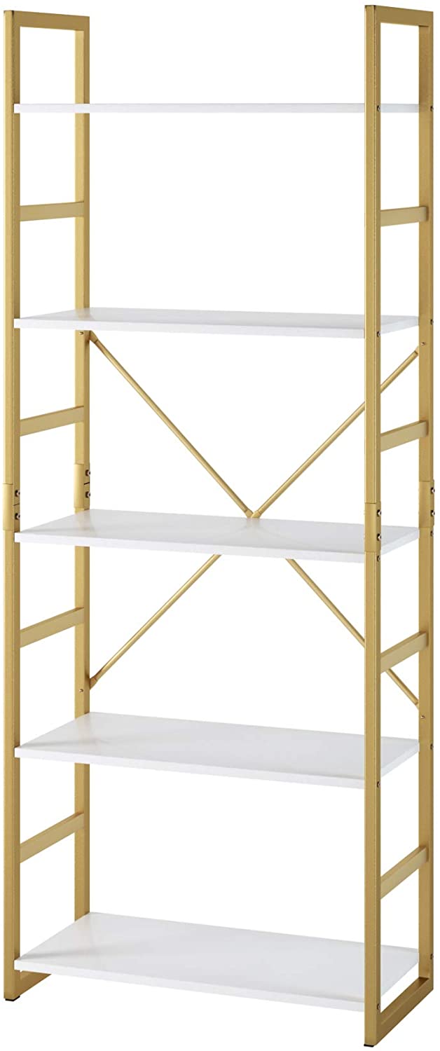 Homfa 5 Tier Bookcase, Modern Bookshelf Storage Organizer, Free Standing Display shelf with Metal Frame, Furniture for Home Office, White and Gold Color