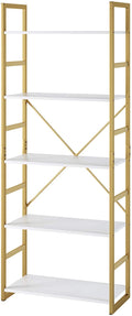 Homfa 5 Tier Bookcase, Modern Bookshelf Storage Organizer, Free Standing Display shelf with Metal Frame, Furniture for Home Office, White and Gold Color