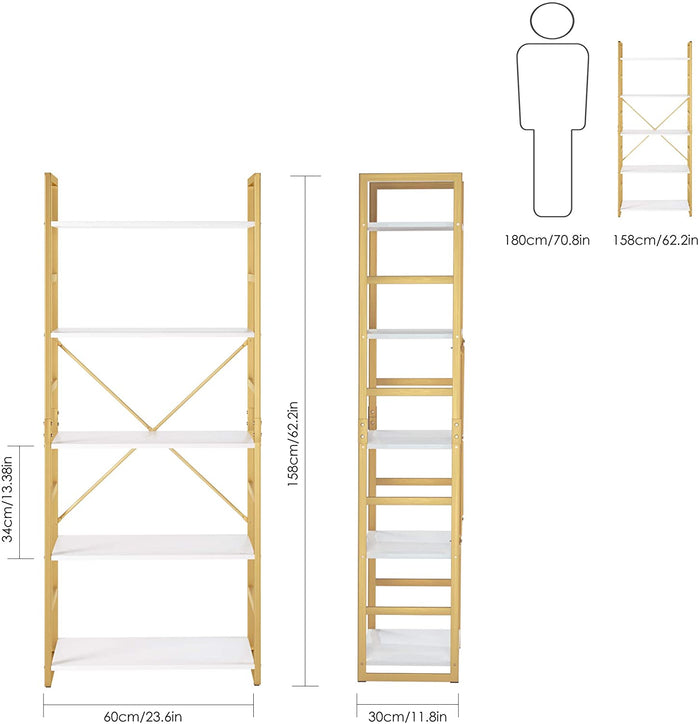 Homfa 5 Tier Bookcase, Modern Bookshelf Storage Organizer, Free Standing Display shelf with Metal Frame, Furniture for Home Office, White and Gold Color