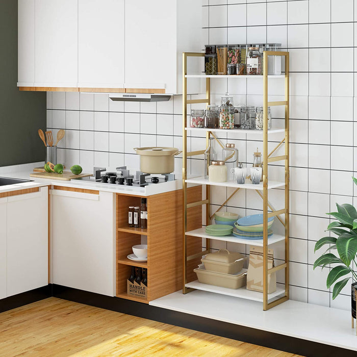 Homfa 5 Tier Bookcase, Modern Bookshelf Storage Organizer, Free Standing Display shelf with Metal Frame, Furniture for Home Office, White and Gold Color