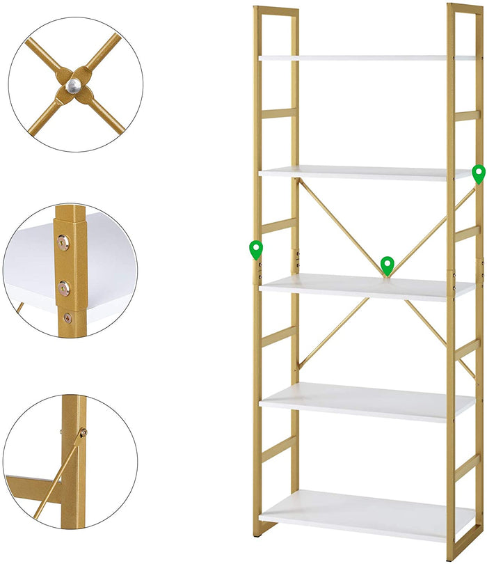 Homfa 5 Tier Bookcase, Modern Bookshelf Storage Organizer, Free Standing Display shelf with Metal Frame, Furniture for Home Office, White and Gold Color