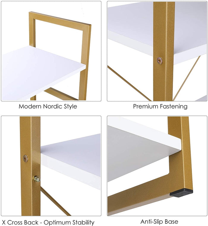 Homfa 5 Tier Bookcase, Modern Bookshelf Storage Organizer, Free Standing Display shelf with Metal Frame, Furniture for Home Office, White and Gold Color