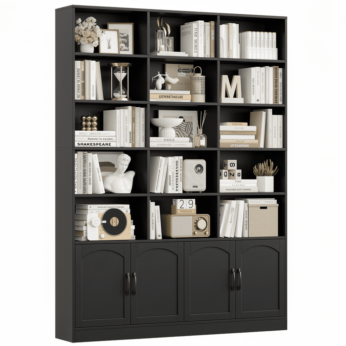 Homfa 5-Tier Triple Wide Bookcase with 4 Doors, 15 Cubes Bookcase with 2 Cabinets for Study Living Room Home Office, Black