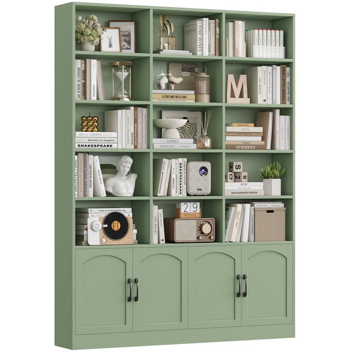 Homfa 5-Tier Triple Wide Bookcase with 4 Doors, 15 Cubes Bookcase with 2 Cabinets for Study Living Room Home Office, Green