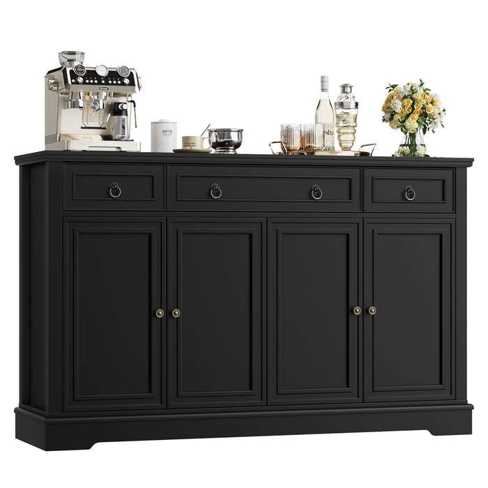 Homfa 53.5”W Buffet Cabinet with 3 Drawers and 4 Doors, Sideboard Storage Cabinet with Recessed Frame Lines and Adjustable Shelf for Kitchen Dining Room, Black