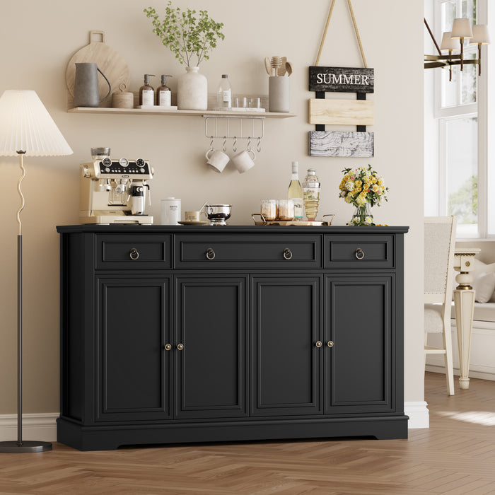 Homfa 53.5”W Buffet Cabinet with 3 Drawers and 4 Doors, Sideboard Storage Cabinet with Recessed Frame Lines and Adjustable Shelf for Kitchen Dining Room, Black