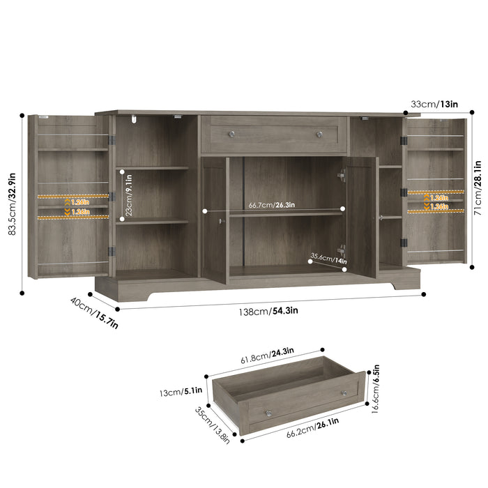 Homfa 54.3"W Kitchen Sideboard Cabinet with Drawer, 4 Door Buffet Storage Cabinet with Adjustable Shelves, Gray