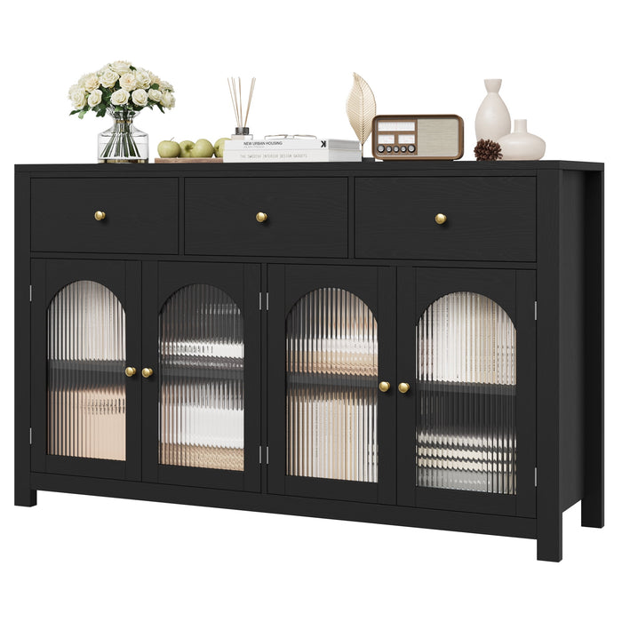 Homfa 55'' Large Sideboard Buffet Cabinet, Kitchen Storage Cabinet with 3 Drawers and 4 Glass Doors, Wood Coffee Bar Cabinet for Living Room?¨º? Black