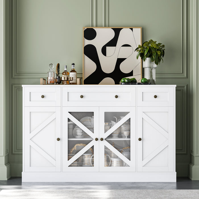 Homfa 55.1”W Farmhouse Kitchen Sideboard with Glass Doors, Modern 3 Drawer Buffet Storage Cabinet with Adjustable Shelves for Dining Room, White