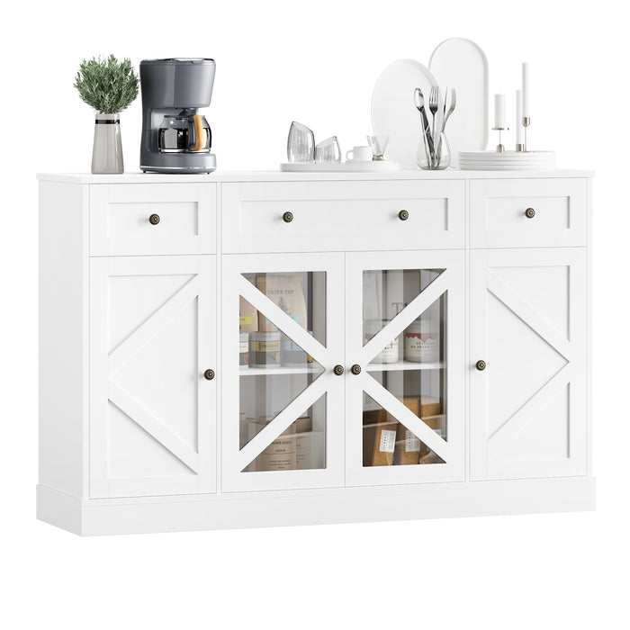 Homfa 55.1”W Farmhouse Kitchen Sideboard with Glass Doors, Modern 3 Drawer Buffet Storage Cabinet with Adjustable Shelves for Dining Room, White