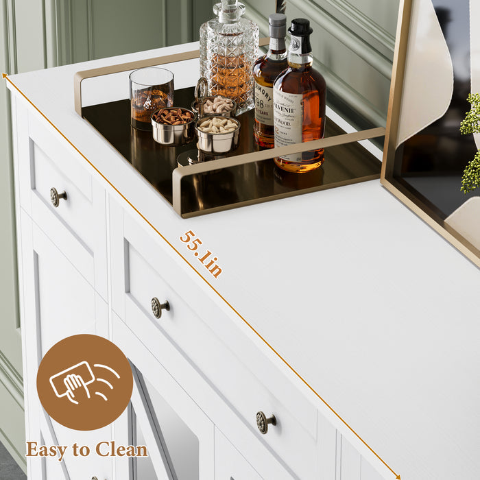 Homfa 55.1”W Farmhouse Kitchen Sideboard with Glass Doors, Modern 3 Drawer Buffet Storage Cabinet with Adjustable Shelves for Dining Room, White