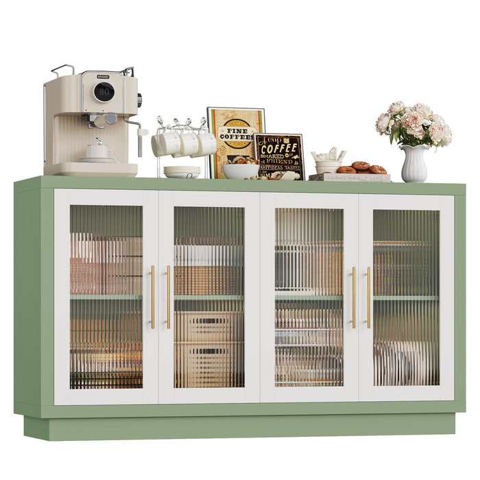 Homfa 55.1"W Modern Sideboard Buffet with Fluted Glass Doors, Accent Cabinet Console Table TV Stand, Green & White