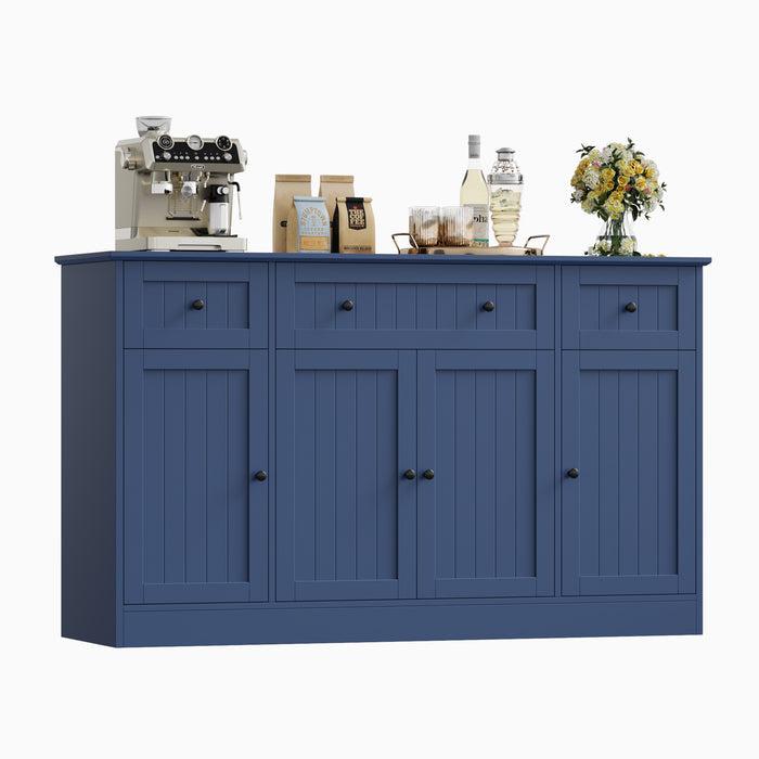 Homfa 55"W Sideboard Credenza with Adjustable Shelves, 4-Doors 3-Drawers Farmhouse Storage Buffet Cabinet, Wood Coffee Bar Cabinet for Kitchen Dining Living Room, Blue