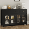 Homfa 55''Wide Buffet Credenzas with Adjustable Shelves, Large Dining Sideboard with 3 Drawers, 4 Glass Doors, Wood Coffee Bar Cabinet, Black