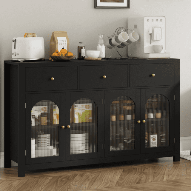 Homfa 55''Wide Buffet Credenzas with Adjustable Shelves, Large Dining Sideboard with 3 Drawers, 4 Glass Doors, Wood Coffee Bar Cabinet, Black