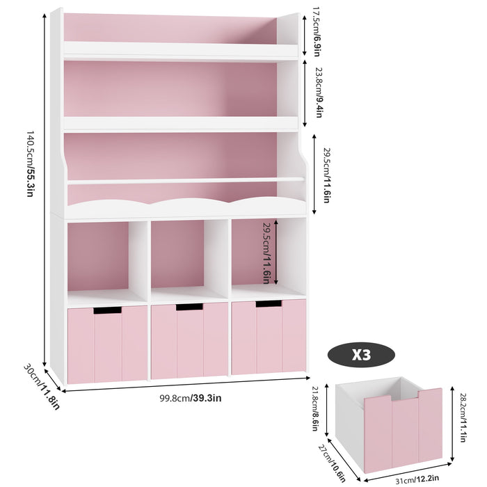 Homfa 59¡± H Kids Bookshelf with 2-Tier Book Shelves, Children Toy Organizer with 3 Cubes and Removable Drawers, Gray