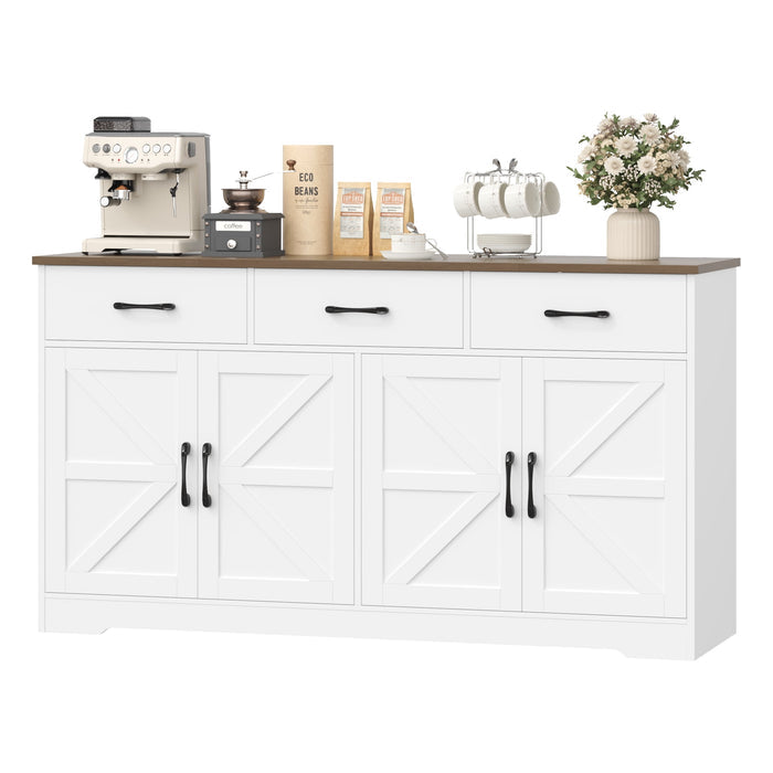 Homfa 59"W Farmhouse Kitchen Sideboard Credenza, Lengthen Storage Cabinet for Dining Room, 4-Doors 3-Drawer Wood Buffet with Adjustable Shelves, White