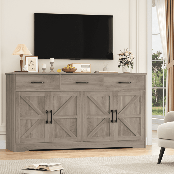 Homfa 59"W Farmhouse Kitchen Sideboard Credenza, Lengthen Storage Cabinet for Dining Room, 4-Doors 3-Drawer Wood Buffet with Adjustable Shelves, Wash Gray