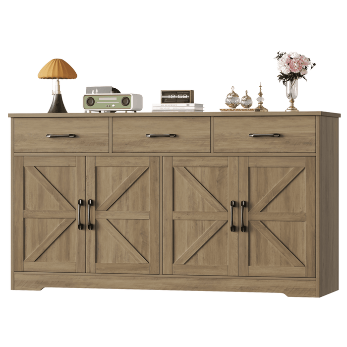 Homfa 59"W Farmhouse Kitchen Sideboard Credenza, Lengthen Storage Cabinet for Dining Room, 4-Doors 3-Drawer Wood Buffet with Adjustable Shelves, Rustic Brown