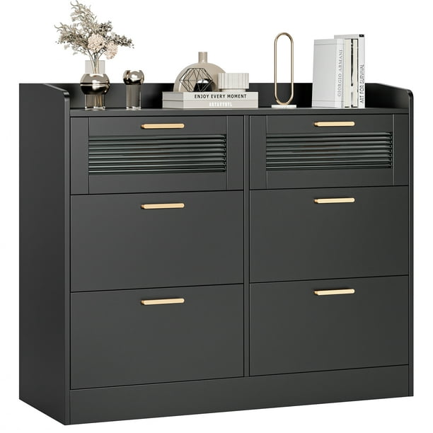 Homfa 6 Drawer Double Dresser with Fence, Chest of Drawers with Wavy Glass, Wooden Storage Cabinet for Bedroom, Black