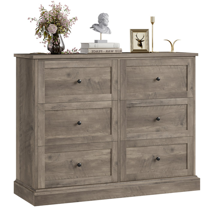 Homfa 6 Drawer Double Dresser, Wood Storage Cabinet for Living Room, Chest of Drawers for Bedroom, Wash Gray