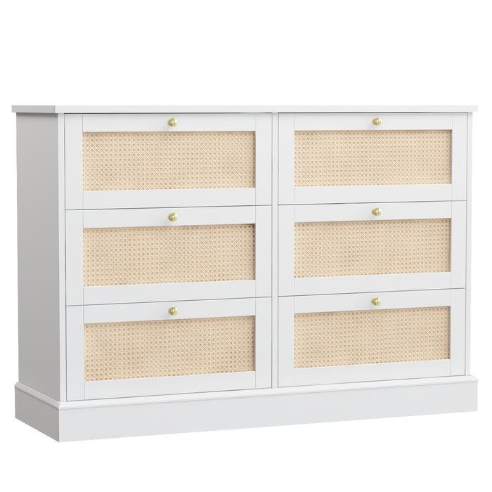 Homfa 6 Drawer Rattan Double Dresser, Wood Storage Cabinet with Metal Handles for Bedroom, White