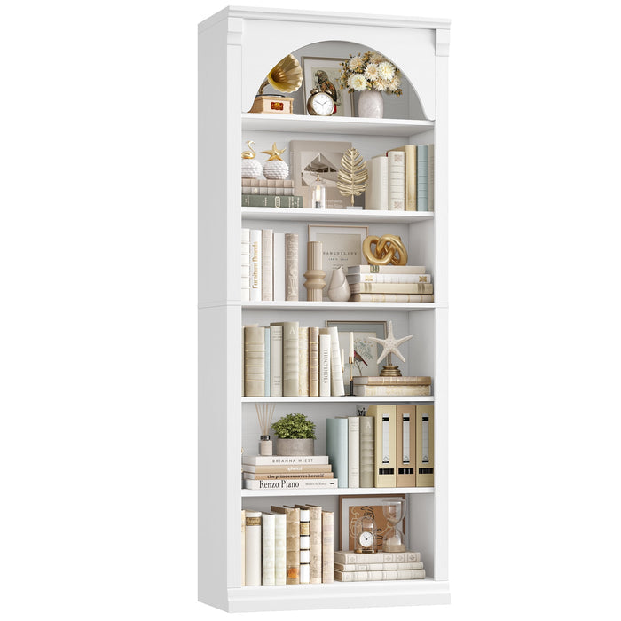 Homfa 6-Tier Bookcase with Arched Top and Pilasters, 72.8" H Accent Bookcase with Bark Grain Texture, White