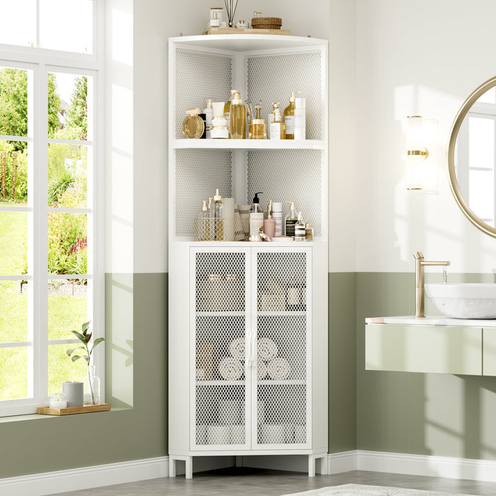 Homfa 6 Tier Corner Storage Cabinet, Metal Mesh with Adjustable Shelves for Bathroom Kitchen, White