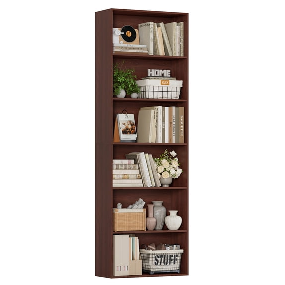 Homfa 6 Tier Tall Bookshelf and Bookcase, Wooden Bookcase Display Shelf for Living Room Home Office Library Storage, Cherry