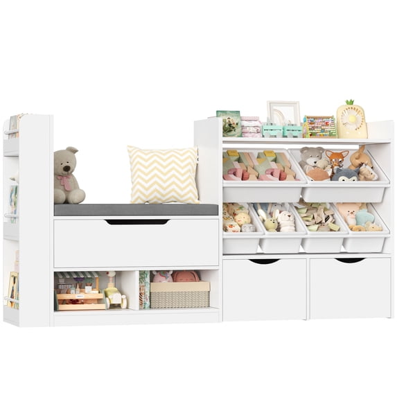 Homfa 63'' Kids Bookshelf with Reading Nook, Large Toy Storage Organizer with 3 Drawers & 6 Storage Bins, Kids Toy Storage Box with Bench for Playroom, Kid Room, White