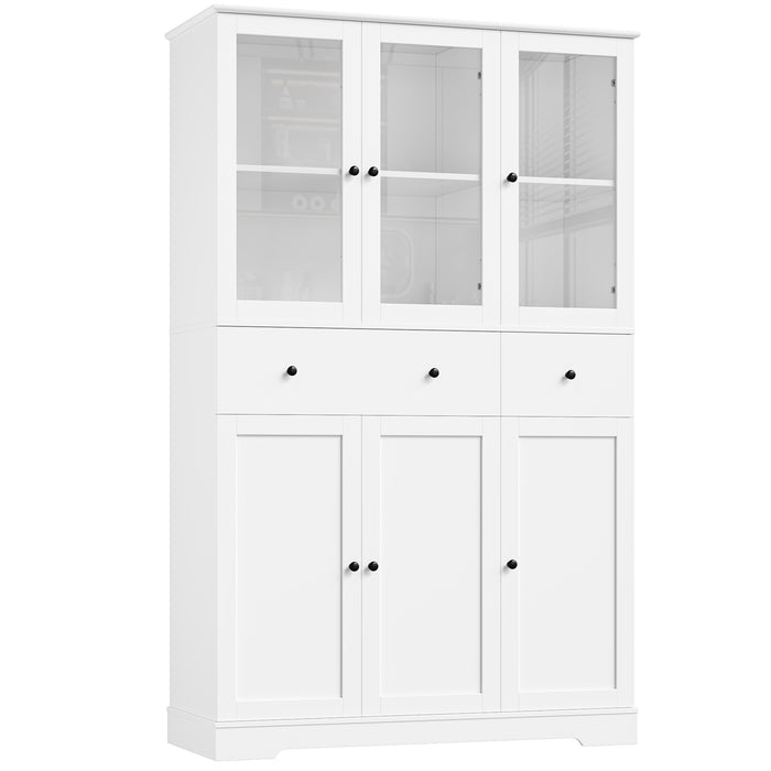 Homfa 66.9” Tall Kitchen Pantry Cabinet, 2 Drawer Storage Cabinet with Glass Doors for Living Room Bathroom, White