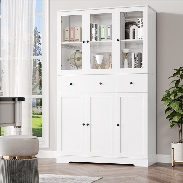 Homfa 66.9” Tall Kitchen Pantry Cabinet, 2 Drawer Storage Cabinet with Glass Doors for Living Room Bathroom, White
