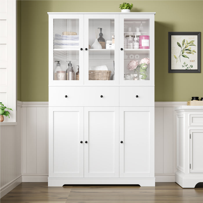 Homfa 66.9” Tall Kitchen Pantry Cabinet, 2 Drawer Storage Cabinet with Glass Doors for Living Room Bathroom, White
