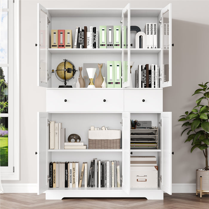 Homfa 66.9” Tall Kitchen Pantry Cabinet, 2 Drawer Storage Cabinet with Glass Doors for Living Room Bathroom, White