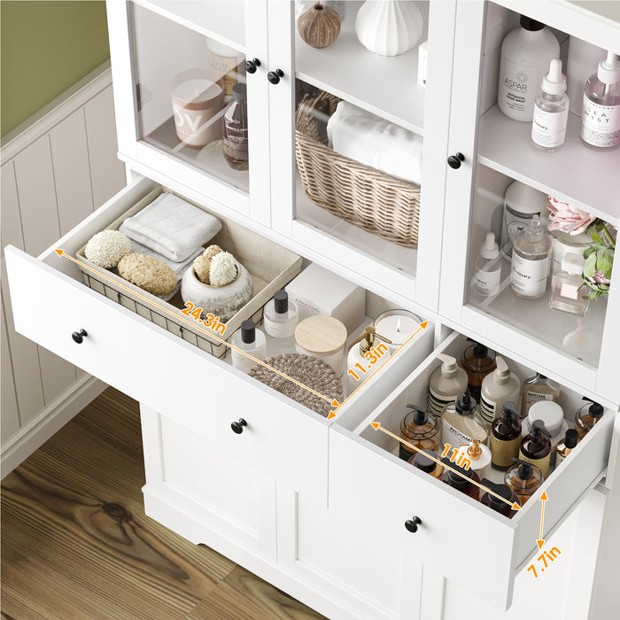 Homfa 66.9” Tall Kitchen Pantry Cabinet, 2 Drawer Storage Cabinet with Glass Doors for Living Room Bathroom, White