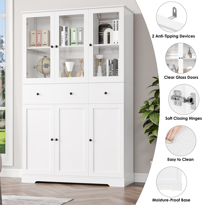 Homfa 66.9” Tall Kitchen Pantry Cabinet, 2 Drawer Storage Cabinet with Glass Doors for Living Room Bathroom, White