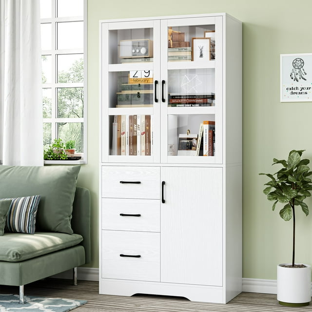 Homfa 67.5'' Tall Display Cabinet, White Office Storage Cabinet with Glass Doors and Large Drawer, Wooden Cabinet for Living Room